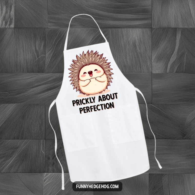 Funny apron showing a hedgehog curled into a ball and then happily popping open, perfect for adding cuteness to cooking.