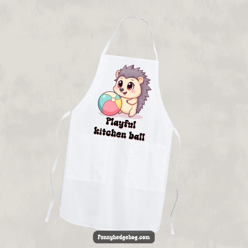Funny apron featuring a big-eyed hedgehog energetically bouncing a beach ball, perfect for adding playful charm to cooking.