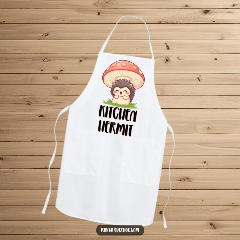 Funny kitchen apron featuring a shy hedgehog hiding behind a large, happy mushroom, ideal for baking and cooking enthusiasts.