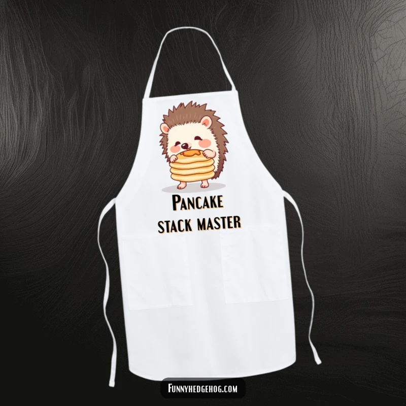 Funny apron with a determined hedgehog balancing a stack of pancakes, ready for a comical kitchen adventure.
