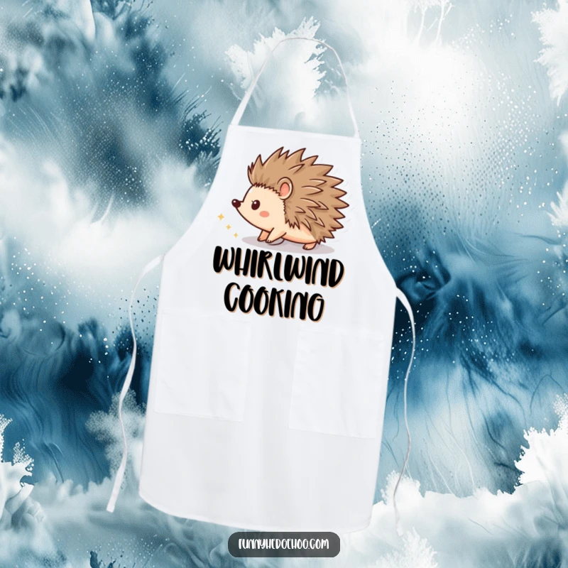 Funny kitchen apron depicting a hedgehog shape spinning with a trail of sparkling dust, ideal for adding fun to cooking.