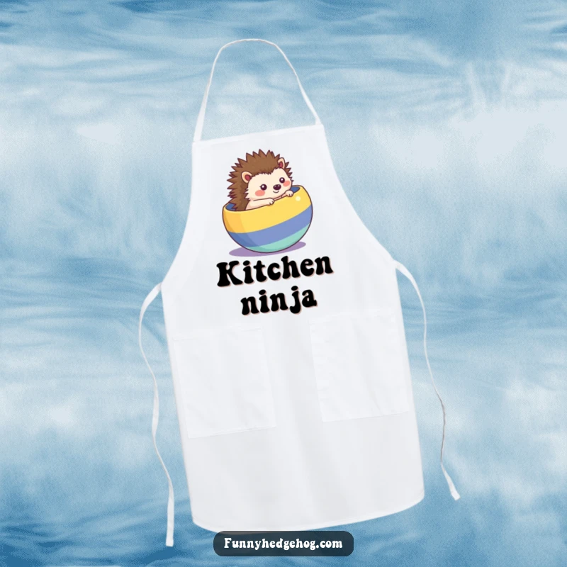 Funny kawaii hedgehog apron, rolling inside a striped ball, a humorous and practical accessory for the kitchen.