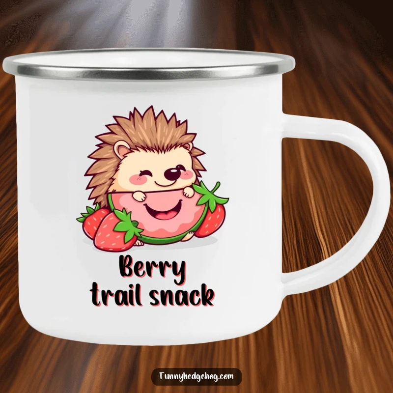 Funny Hedgehog Camping Mug: A kawaii hedgehog happily eating a strawberry slice, designed for humorous outdoor enjoyment and sweet sips.
