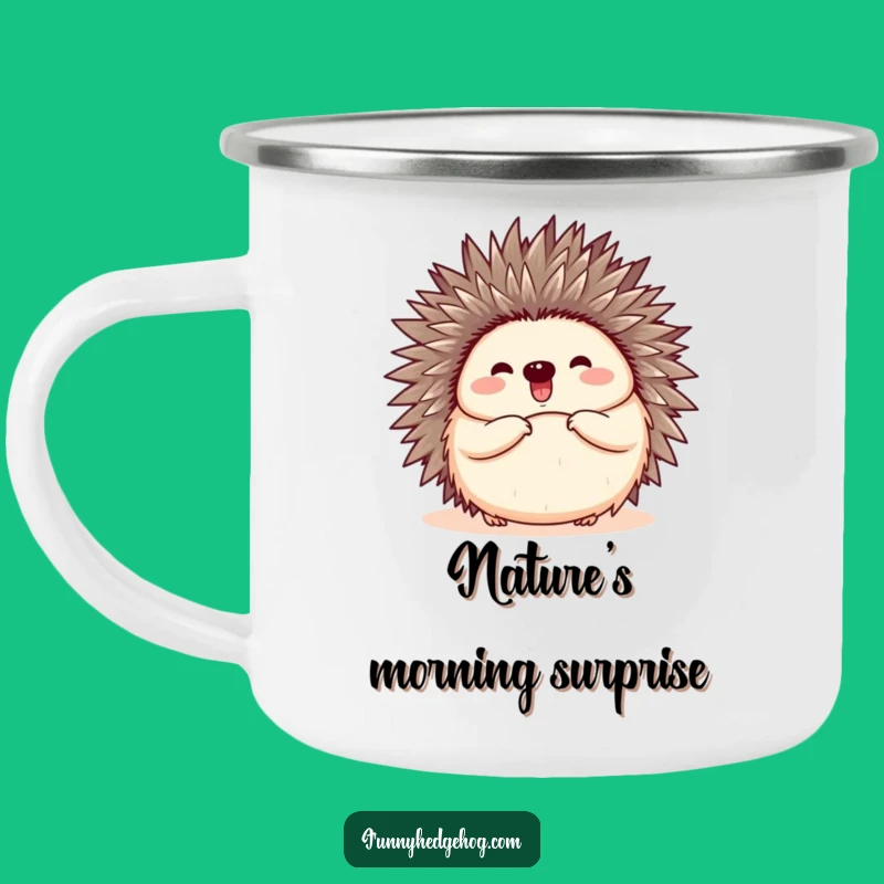 Funny Happy Hedgehog Camping Mug, Outdoor Joyful Surprise, Adventure Gift