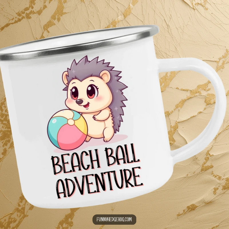 Funny camping mug with a big-eyed hedgehog playfully bouncing a beach ball, ready for outdoor fun and laughter.