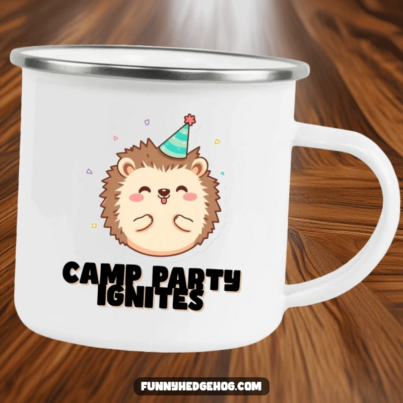 Funny round, happy hedgehog character enamel camping mug wearing a tiny party hat with confetti, for humorous outdoor enjoyment.