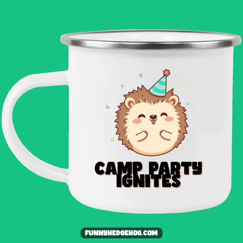 Funny Hedgehog Party Enamel Mug, Tiny Hat Confetti Camp Companion, Whimsical Humorous Gift