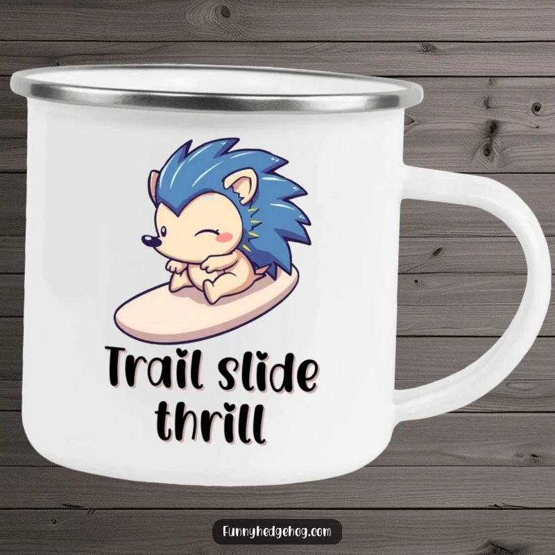 Funny camping mug with a happy hedgehog sliding down a stylized slide, ready for outdoor fun and excitement.