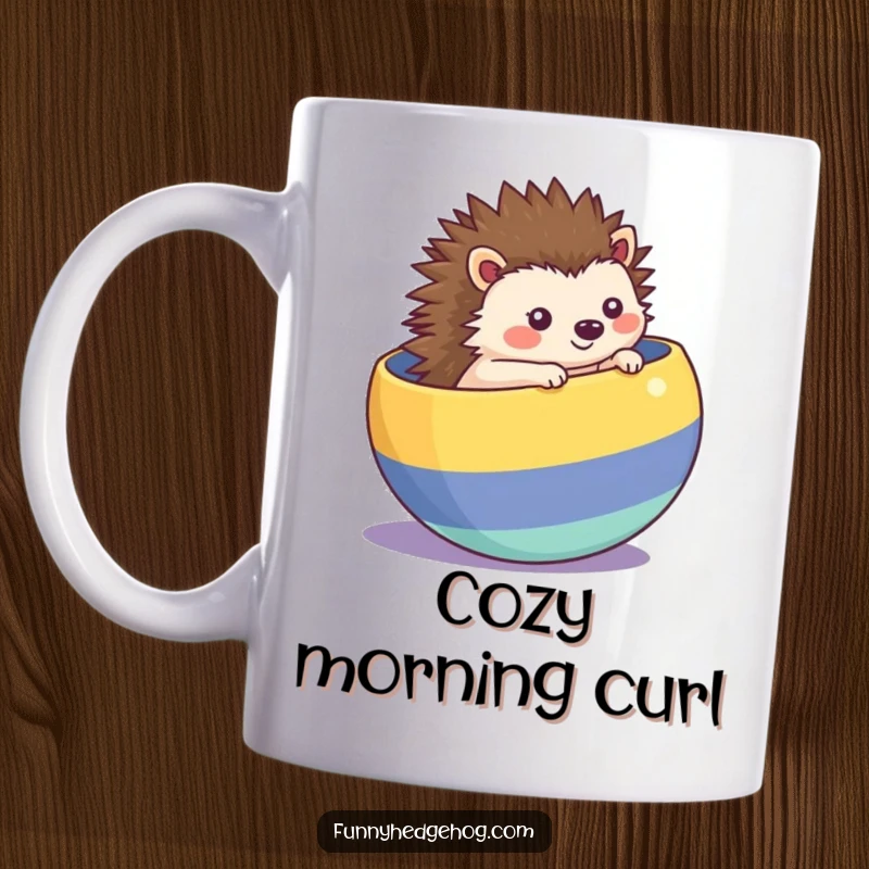 Funny kawaii hedgehog mug, rolling inside a brightly colored striped ball, showing pure joy and playful movement.