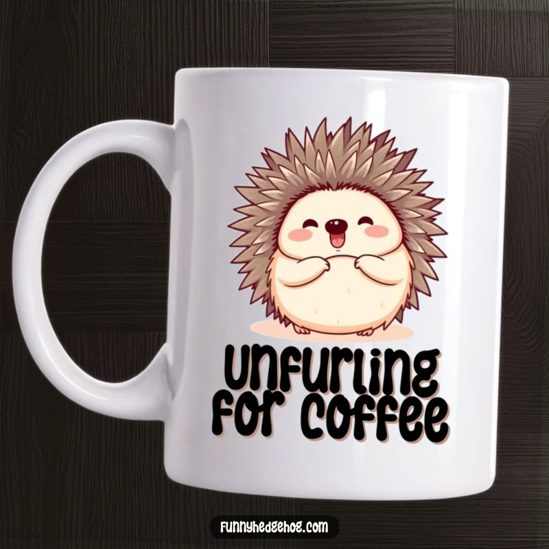 Funny mug featuring a cute hedgehog curled into a ball, then happily popping open with a joyful expression.