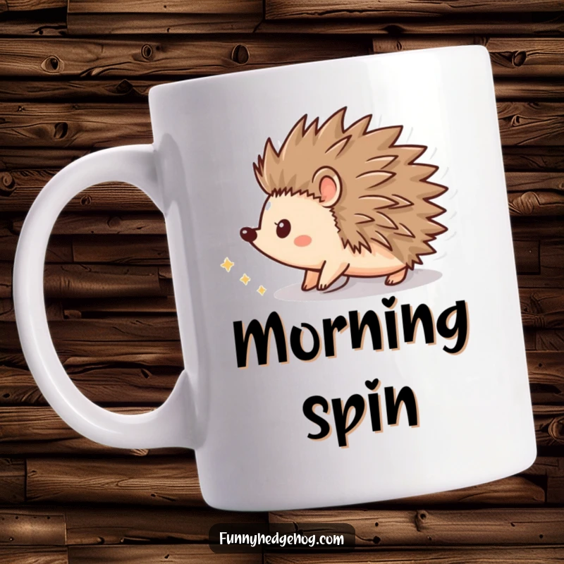 Funny mug depicting a hedgehog shape in a dynamic spin, leaving a trail of sparkling dust, evoking motion and magic.
