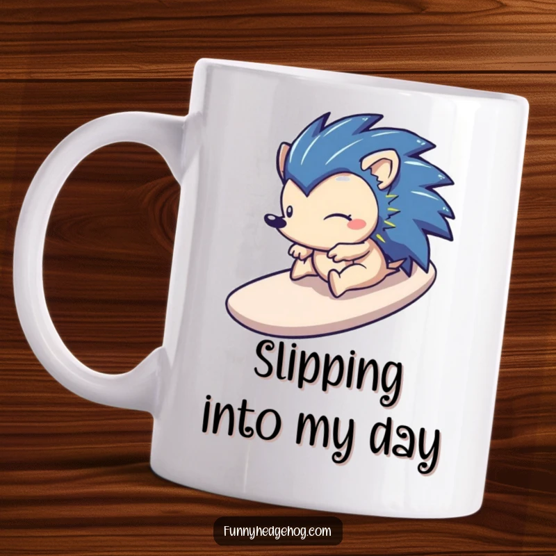 Funny mug featuring a happy hedgehog gleefully sliding down a smooth, stylized slide, radiating pure, unadulterated fun.