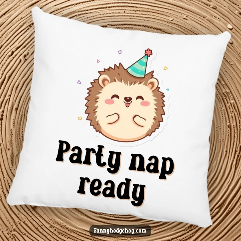 Funny round, happy hedgehog character pillow wearing a tiny party hat with confetti, offering cozy humor and festive vibes.