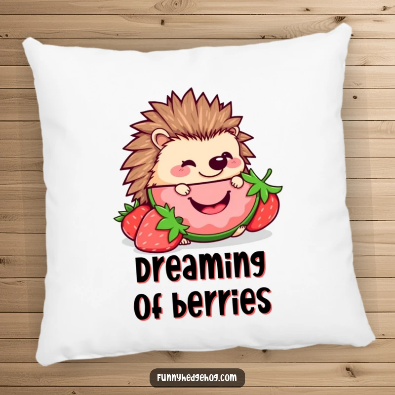 Funny Hedgehog Strawberry Pillow: A kawaii hedgehog happily nibbling a giant strawberry slice, bringing sweet humor and comfort to any space.