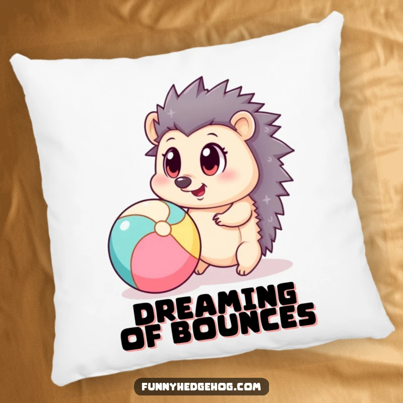 Funny pillow showcasing a big-eyed hedgehog playfully bouncing a beach ball, offering soft, humorous comfort.