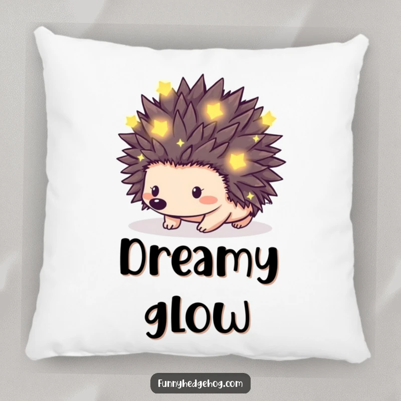 Funny pillow featuring a hedgehog whose spikes are lit by tiny, glowing fireflies, providing magical comfort and aesthetic appeal.
