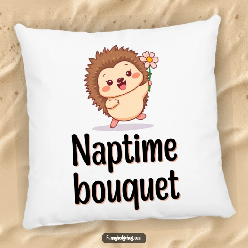 Funny pillow featuring a happy hedgehog in a playful hop, with a flower in its quills, providing comfortable and cheerful decor.
