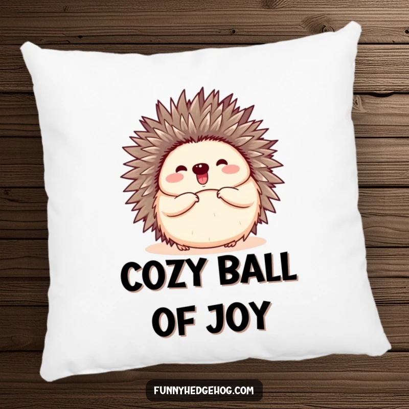 Funny pillow featuring a hedgehog curled into a ball, then happily popping open with a joyful expression, adding cute comfort.