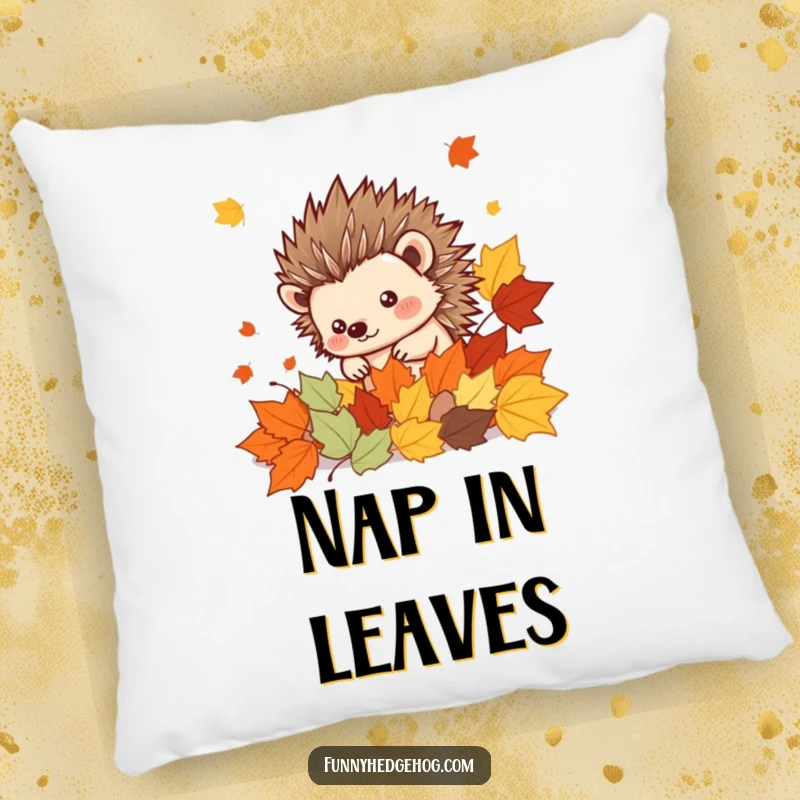 Funny Hedgehog Pillow: A spiky kawaii hedgehog peeking from autumn leaves, offering comfort and a touch of humorous charm.