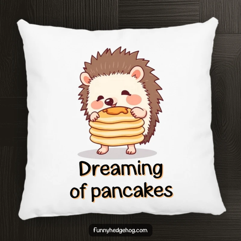 Funny pillow with a cute hedgehog attempting to balance a small stack of pancakes, offering a soft touch of humor.