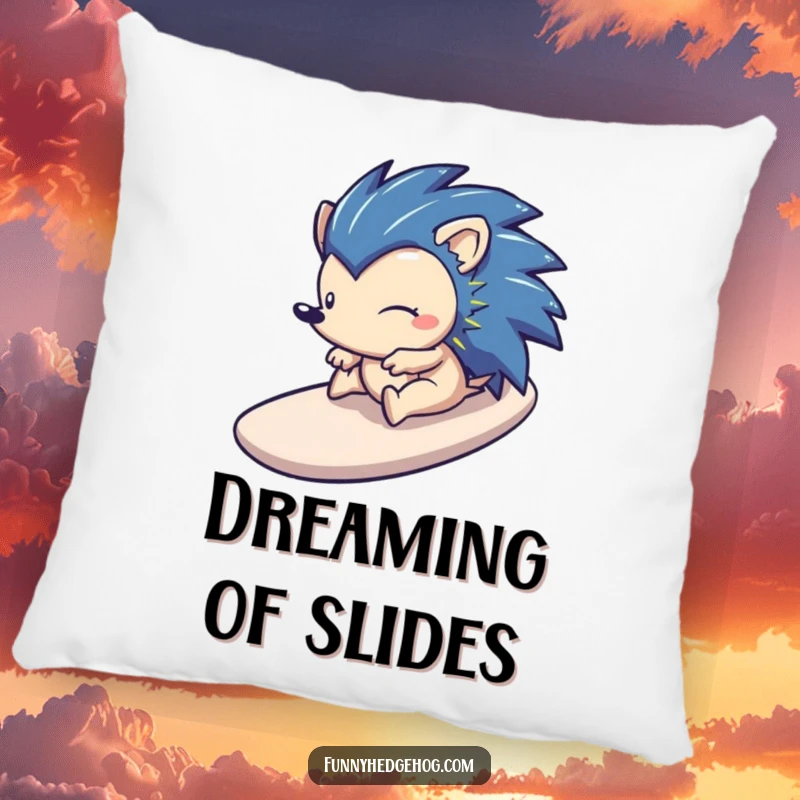 Funny pillow showcasing a happy hedgehog sliding down a stylized slide, offering soft, humorous comfort with an adventurous spirit.