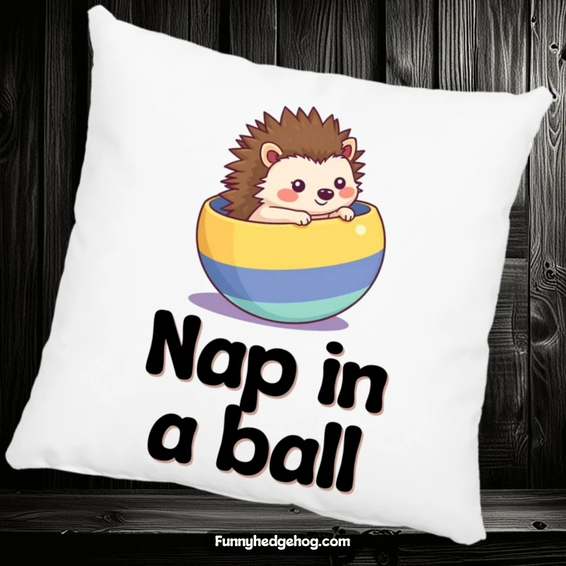 Funny kawaii hedgehog pillow, rolling inside a striped ball, soft and cute decor with a humorous, whimsical appeal.