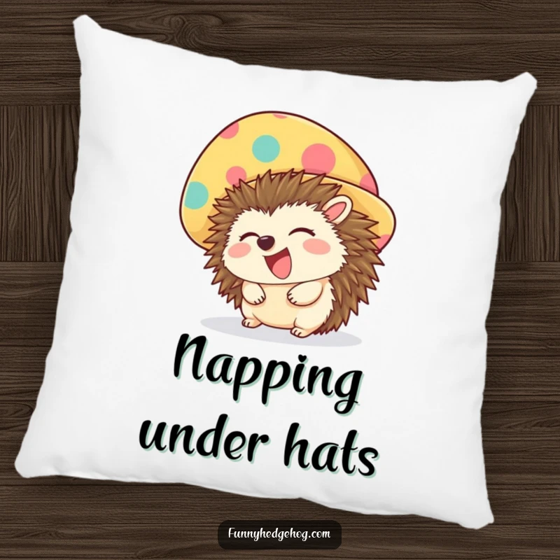 Funny pillow showcasing a giggling hedgehog wearing an oversized, colorful hat, offering soft, humorous comfort and charm.