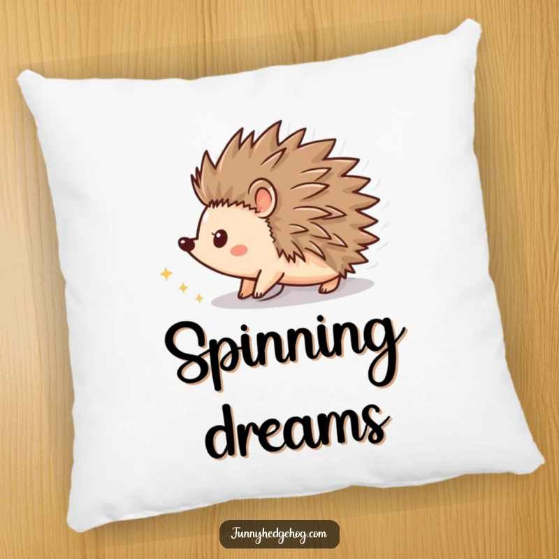 Funny pillow featuring a hedgehog shape spinning with a trail of sparkling dust, perfect for adding cozy and whimsical decor.