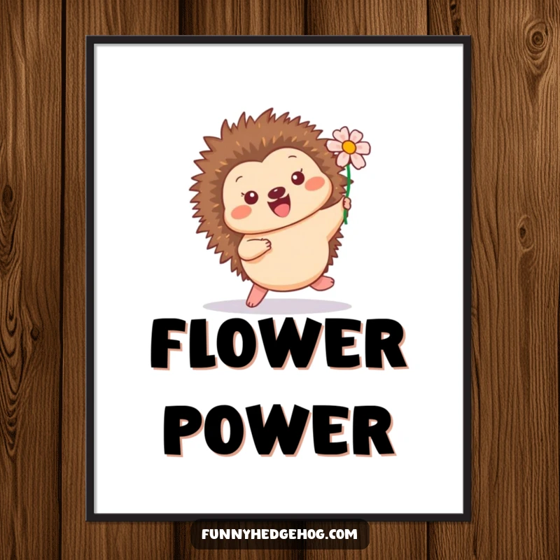 Funny digital art print of a happy hedgehog hopping playfully with a flower in its quills, ideal for printable wall decor.