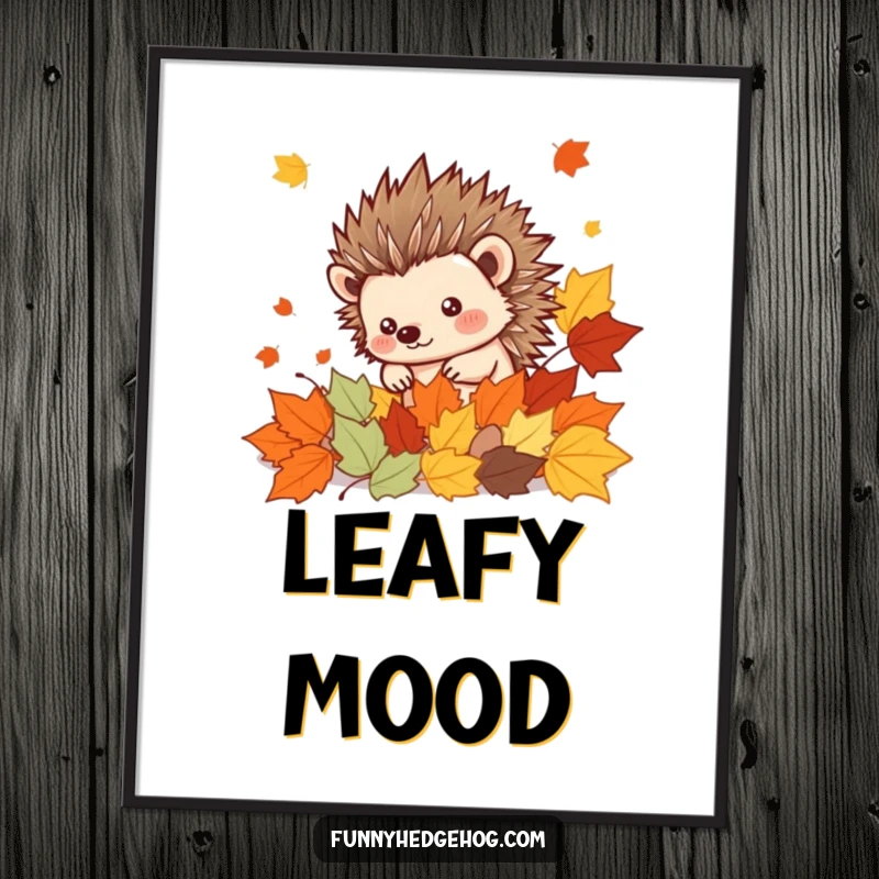 Funny Hedgehog Digital Art Print: A spiky kawaii hedgehog peeking from cheerful autumn leaves, perfect for whimsical and humorous home decor download.