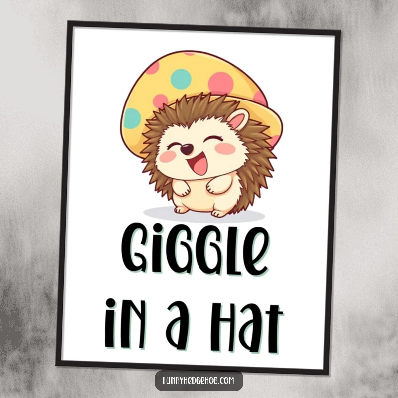 Funny digital art print of a giggling hedgehog wearing a comically oversized, colorful hat, capturing infectious joy.