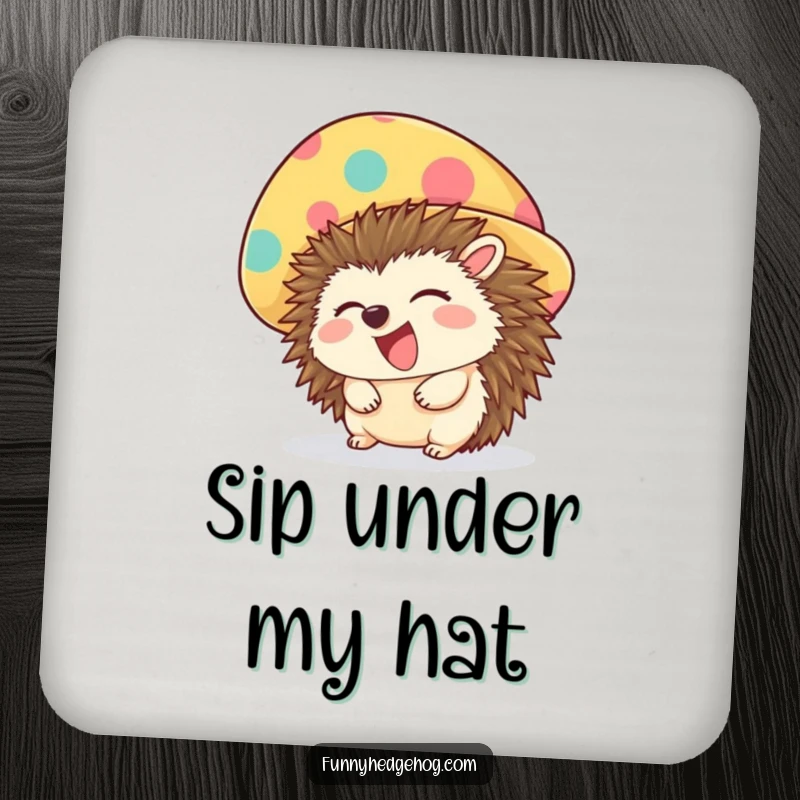 Funny coaster featuring a giggling hedgehog wearing an oversized, colorful hat, perfect for adding a touch of charming fun.