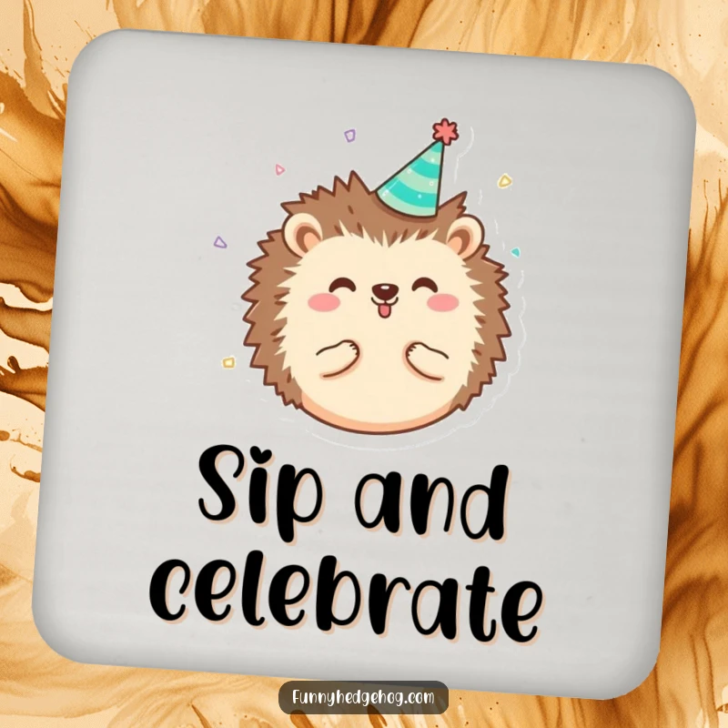 Funny round, happy hedgehog character drink coasters wearing a tiny party hat with confetti, providing humorous protection.