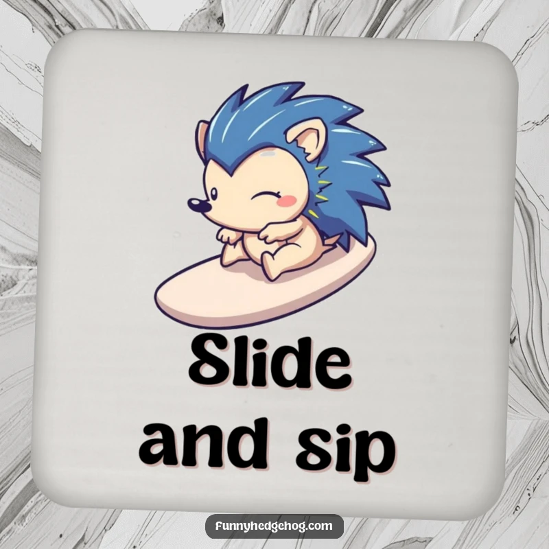 Funny coaster featuring a happy hedgehog sliding down a stylized slide, perfect for adding a touch of thrilling fun.