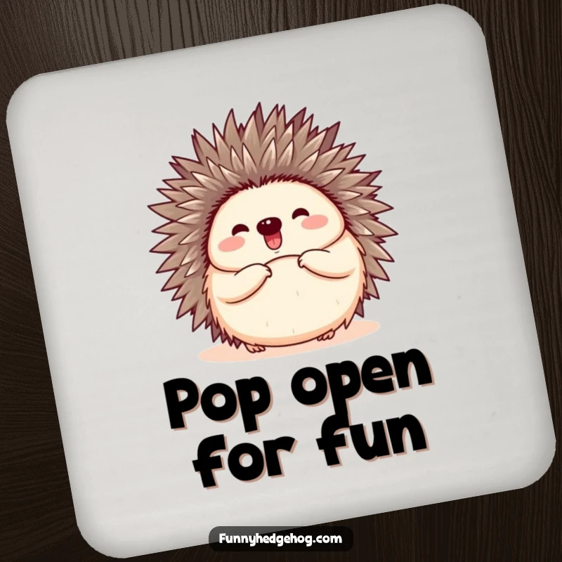 Funny drink coasters showcasing a hedgehog curled into a ball and then happily popping open with a joyful expression.