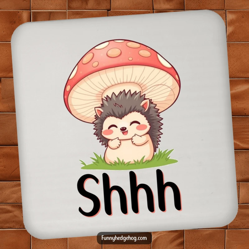Funny drink coasters with a shy hedgehog peeking from behind a large smiling mushroom, adding a humorous touch to tabletops.