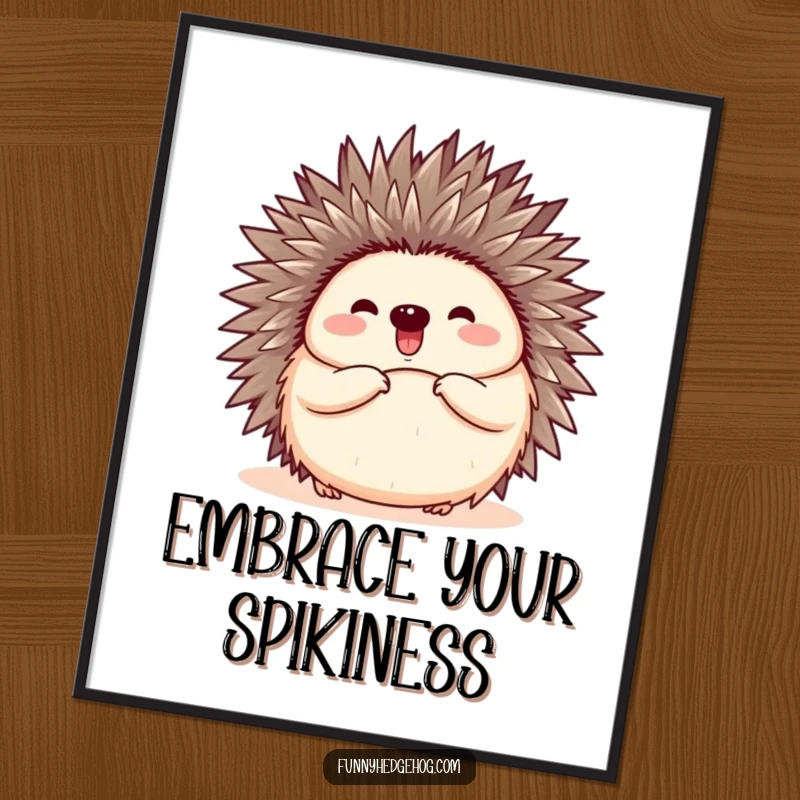 Funny poster art of a hedgehog curled into a ball, then joyfully and happily unfurling itself, a delightful surprise.