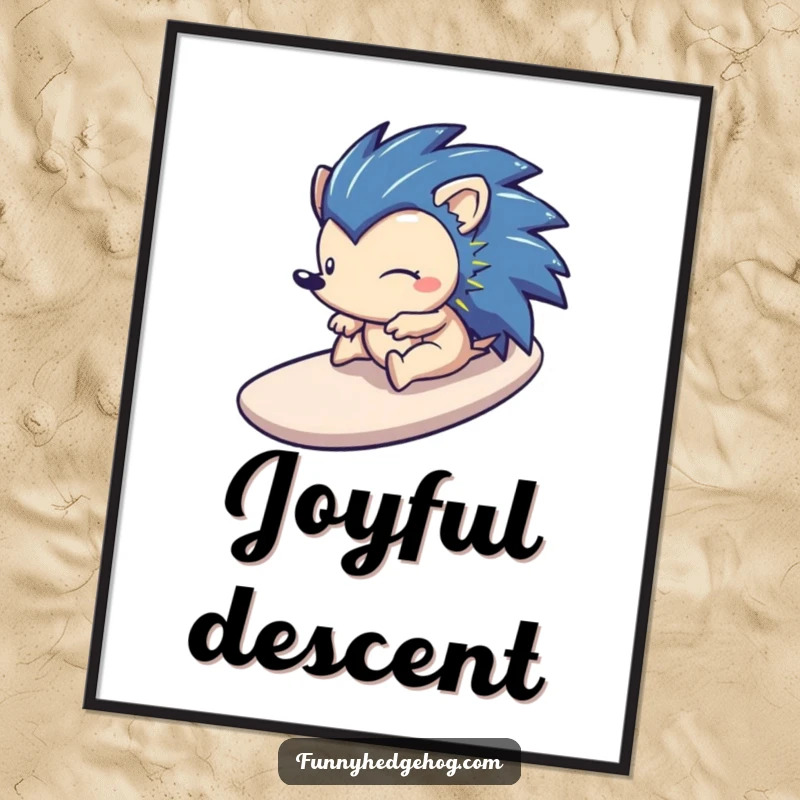 Funny poster of a happy hedgehog gleefully sliding down a smooth, stylized slide, capturing a moment of pure, exhilarating fun.