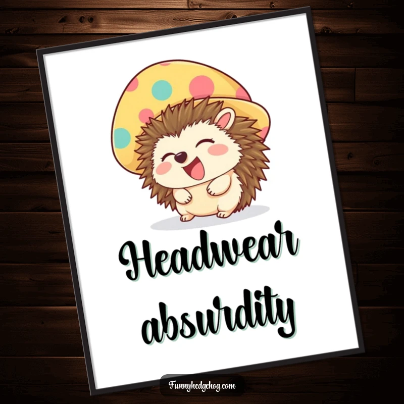 Funny poster of a giggling hedgehog wearing a comically oversized, colorful hat, radiating infectious joy and amusement.
