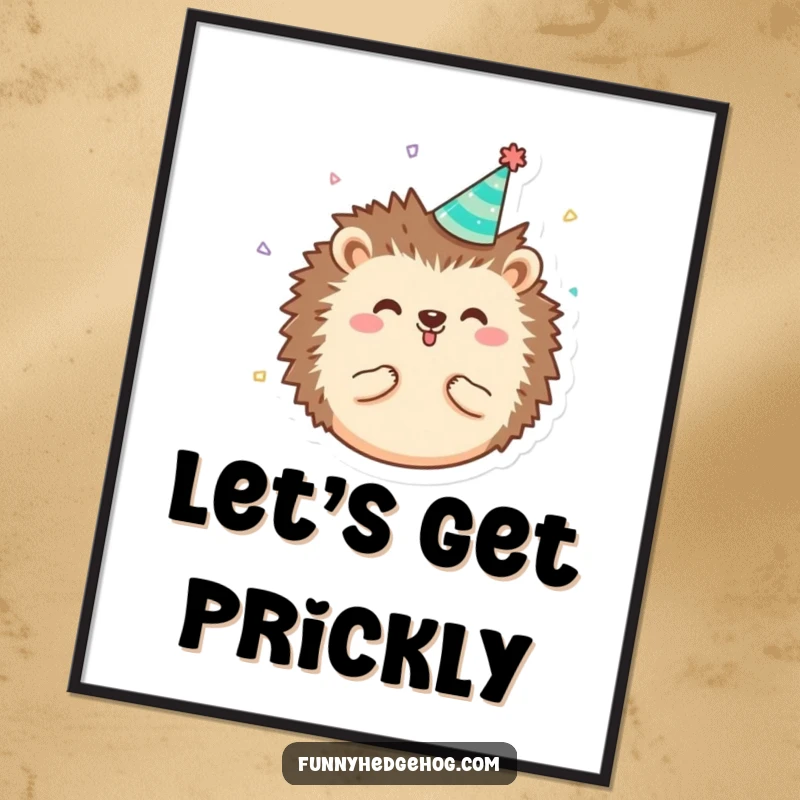 Funny round, happy hedgehog character poster art wearing a tiny party hat with confetti, ideal for whimsical humorous wall decor.