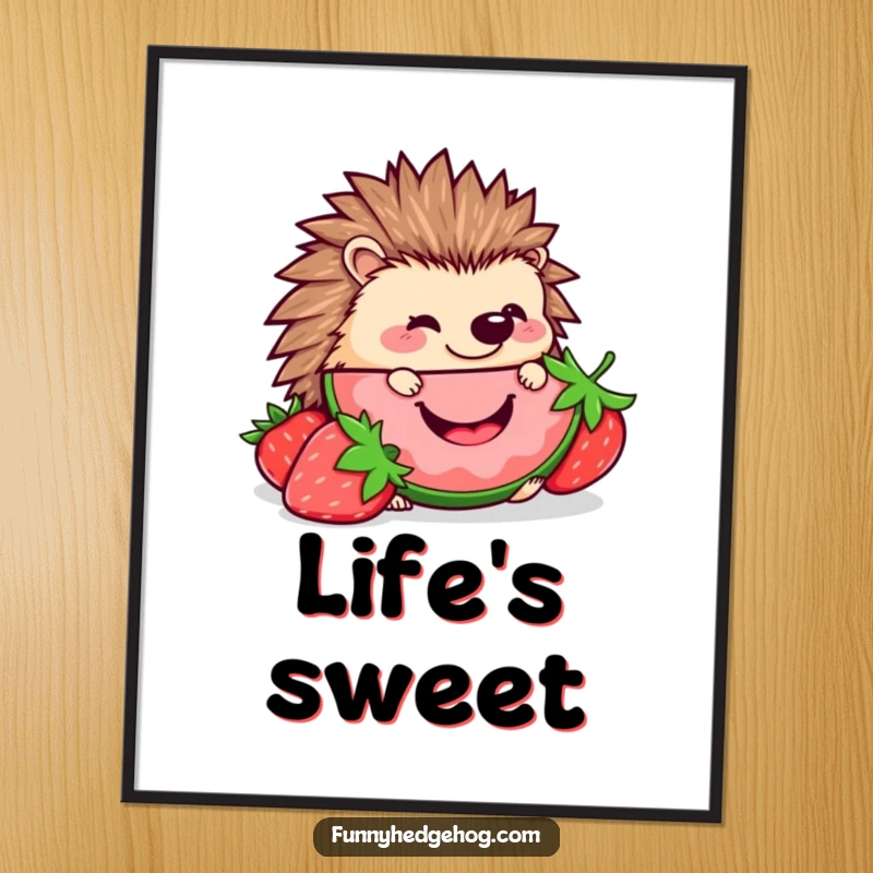 Funny Hedgehog Strawberry Poster: A kawaii hedgehog joyfully eating a big, smiling strawberry slice, creating a delightful and humorous art piece.