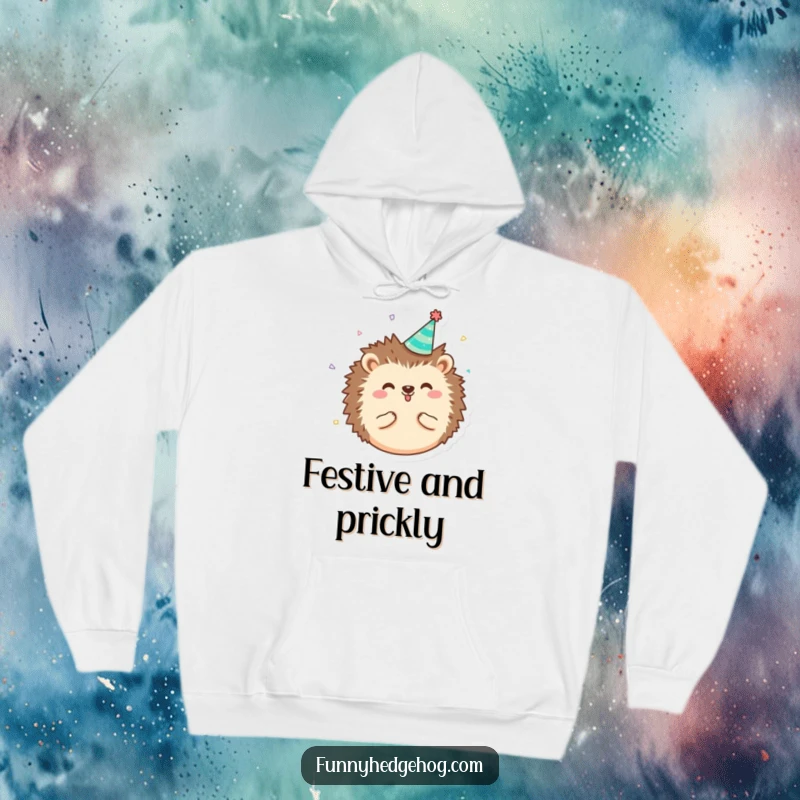 Funny round, happy hedgehog character hoodie wearing a tiny party hat with confetti, offering cozy humor and festive vibes.