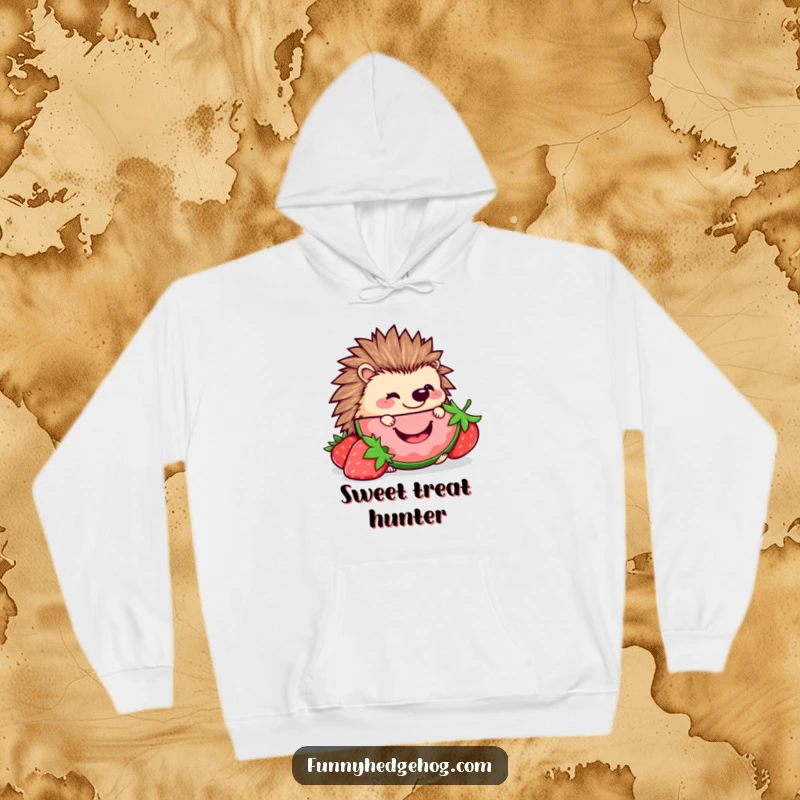 Funny Hedgehog Hoodie: A cute kawaii hedgehog happily devouring a giant strawberry slice, perfect for cozy moments and humorous enjoyment.
