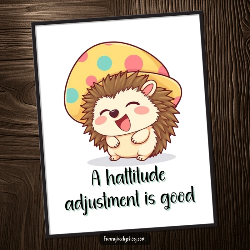 Funny Free Printable Wall Art: A hedgehog laughs heartily, its head adorned with a comically large and colorful hat.
