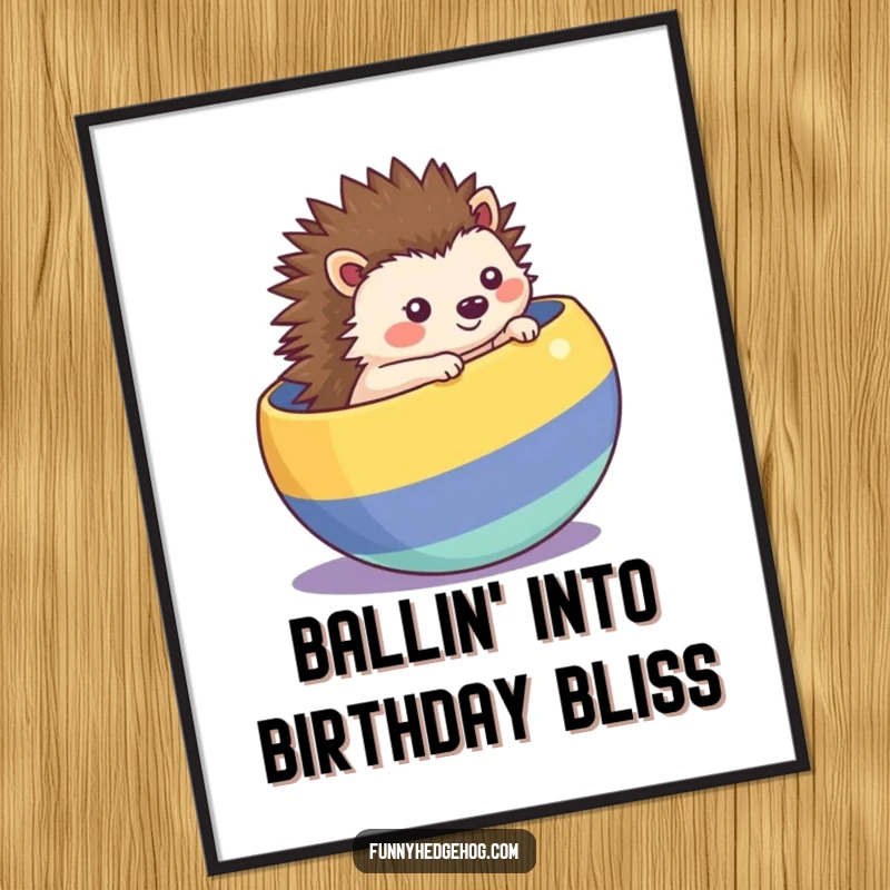 Funny Free Printable Wall Art: Kawaii hedgehog rolling inside a striped ball, adding vibrant and playful decor.