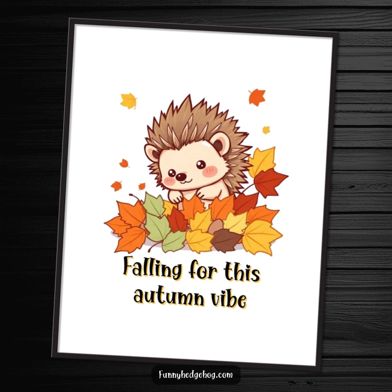 Funny Free Printable Hedgehog Wall Art peeking from pile of cheerful autumn leaves, cute downloadable decor.
