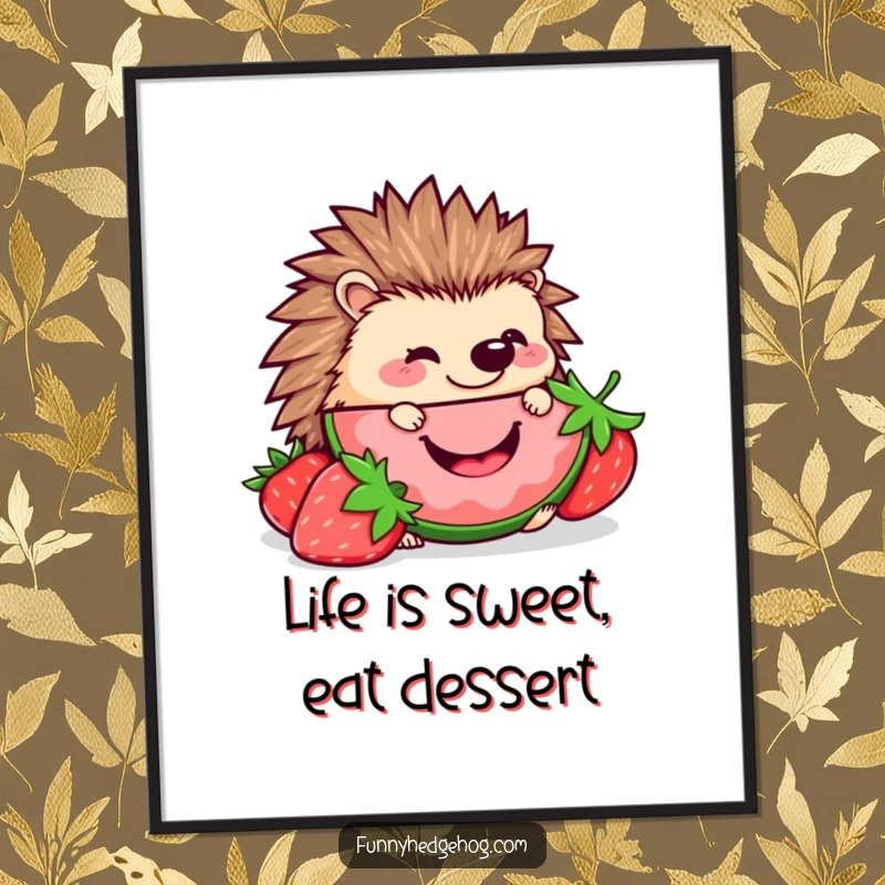 Funny Free Printable Hedgehog Wall Art happily nibbling a giant smiling strawberry slice, cute decor.
