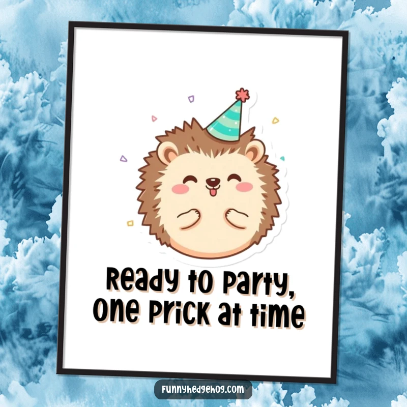 Funny Free Printable Hedgehog Wall Art showcasing a round, happy hedgehog in a party hat with confetti, whimsical downloadable decor.