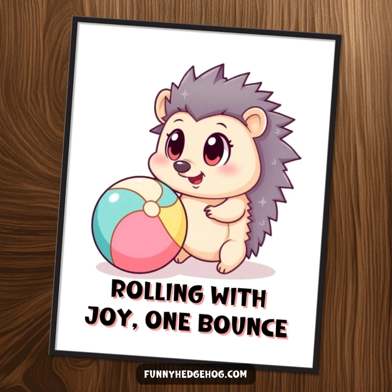 Funny Free Printable Wall Art: A hedgehog with comically large eyes is mid-bounce with a vibrant beach ball.