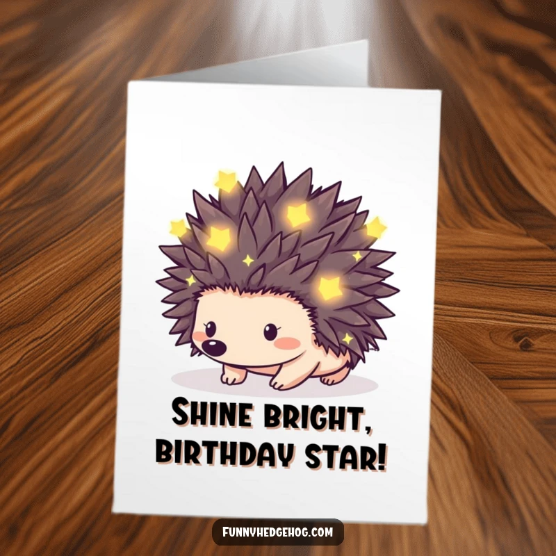 Funny Free Printable Birthday Card: A hedgehog's spikes twinkle with tiny, glowing fireflies. Magical and festive birthday wish.